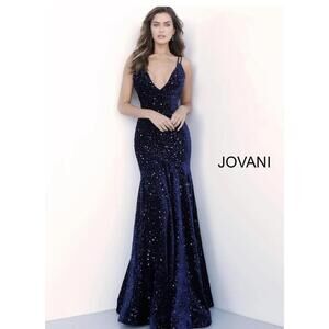 Jovani Gown Formal Dress Prom Navy Blue Velvet Sequin Low Back Mermaid Size‎ 12